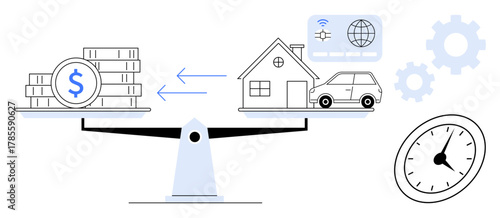 Scales with money on one side and assets thumbs up house and car on the other. Includes clock, gears, and connectivity icons. Ideal for finance, economy, balance, time, trade-off decision-making