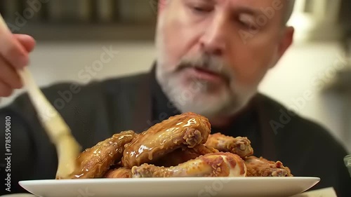 Chef glazing fried chicken wings.