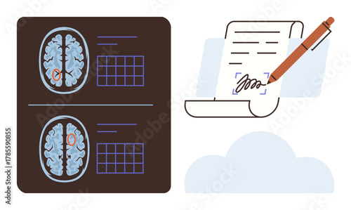 MRI brain scans alongside a digitally signed document and pen, symbolizing technology, data, healthcare, research, diagnosis, consent, and innovation. Ideal for medical technology digital