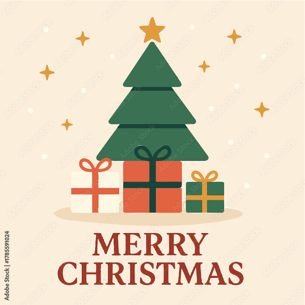 Fototapeta premium Minimal Modern Christmas Tree and Gifts Flat Vector Design 