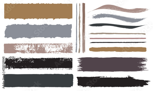 Brush line set. Vector calligraphy paint strokes. Vintage Chinese brushstrokes collection. Straight long hand drawn stripes vector. Grunge paint brush strokes with rough texture. Metallic color