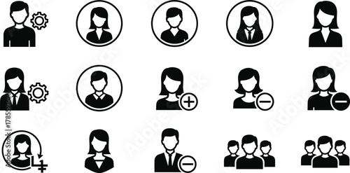 User icons, profile symbols, team management, black and white vector, settings, add user, remove user, workflow, interface, avatar