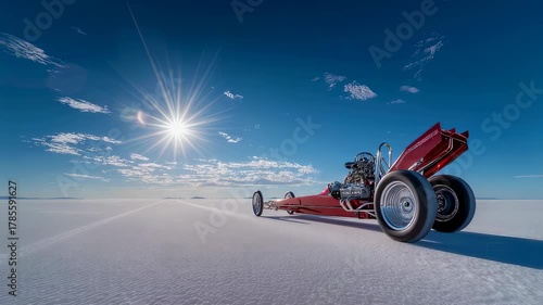 Top fuel dragster racing car on sunlit salt desert with clear sky