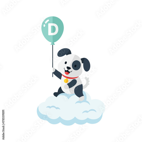 Happy Dog on Cloud with Letter D Balloon Illustration