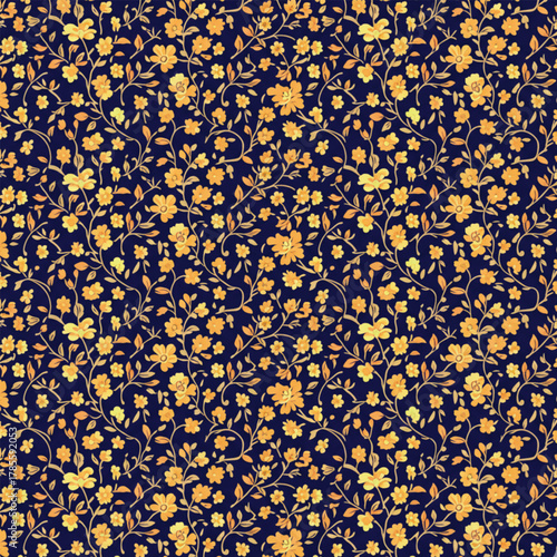 Elegant Vintage Gold and Blue Tileable Floral Design