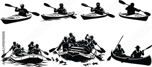 Water sports silhouette set, kayaking, rafting, canoeing, paddling action, outdoor adventure, black and white vector, extreme sport, river activity