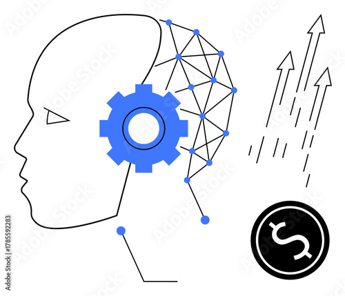 Profile of a human head with neural network patterns, a blue gear, arrows signifying progress, and a dollar sign circle. Ideal for technology, AI, innovation, economics, growth automation