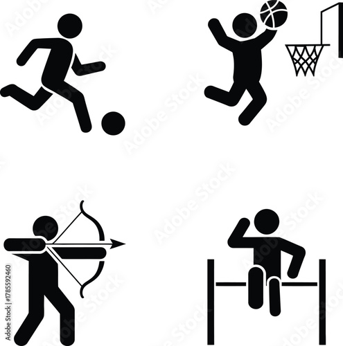 Sports icon set: soccer, basketball, archery, gymnastics symbols