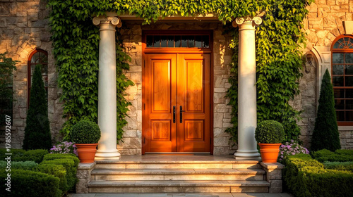 Elegant wooden double doors framed by lush greenery and classical columns, leading to a grand stone building