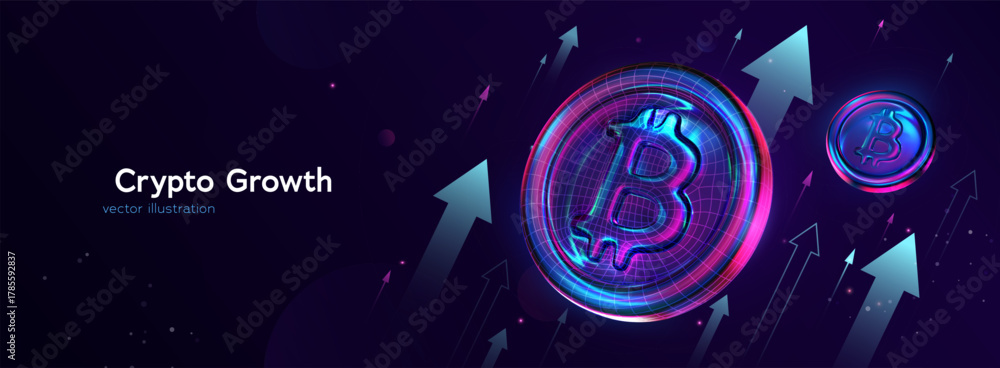 Obraz premium Bitcoin Growth and Cryptocurrency Market Rise with Neon Arrows and Digital Coins. Perfect Concept for Fintech Business. Crypto Investments. Vector Illustration