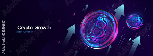 Bitcoin Growth and Cryptocurrency Market Rise with Neon Arrows and Digital Coins. Perfect Concept for Fintech Business. Crypto Investments. Vector Illustration
