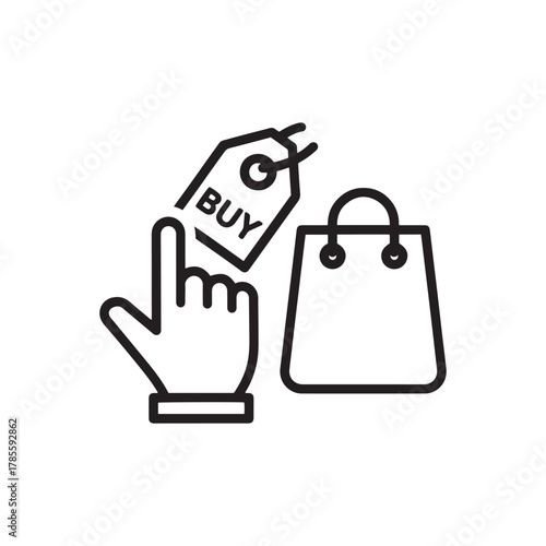 Hand clicking 'buy' tag with shopping bag, e-commerce concept