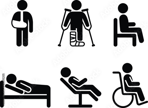 Medical patient injury recovery rehabilitation assistance icons