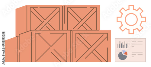 Stacked wooden crates beside gear icon and analytics chart representing inventory systems, goods management, and data tracking. Ideal for logistics, warehouse, supply chain, distribution