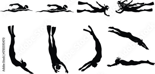 Swimmer silhouette vector, swimming strokes, diving pose, underwater motion, black illustration, sport activity, aquatic movement, fitness, water sport, minimal design