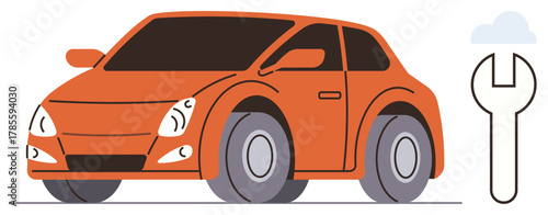 Orange car beside a large wrench, representing car repair, maintenance, and automotive services. Ideal for garages, workshops, mechanics, transportation, auto repair engineering and customer