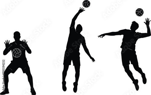 Volleyball silhouettes, player actions, spiking, blocking, receiving, sports vector, black and white, athletic poses, ball movement, team game, jump motion