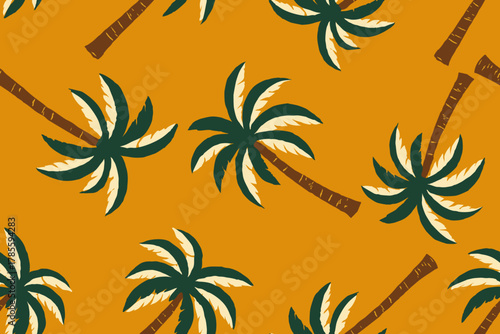 Tropical palm tree seamless pattern on warm mustard yellow background.