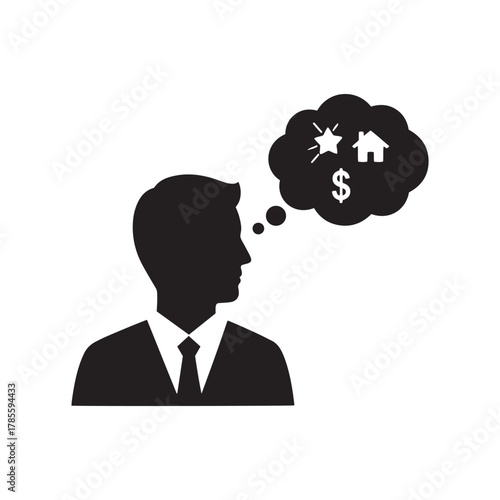 Business professional contemplating money, real estate, success
