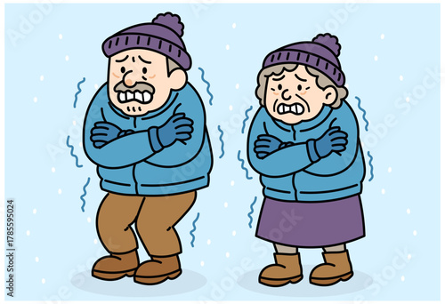 Elderly couple shivering in cold winter wearing warm clothes for senior health and safety awareness illustration