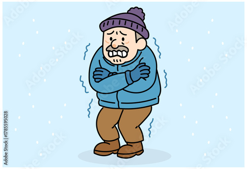 Tableau sur toile Elderly man shivering in cold winter wearing warm clothes for health care and sa