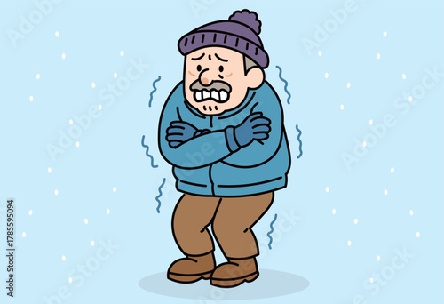 Elderly man shivering in cold winter wearing warm clothes for health care and safety awareness illustration