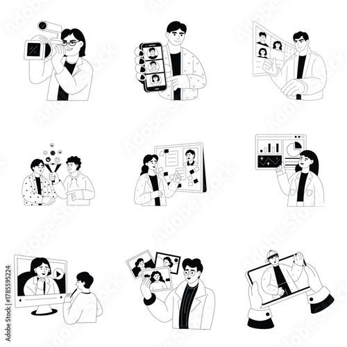 Online engagement and influencer activity concept showing people promoting brands, sharing posts, and interacting with followers — outline illustration Set 1