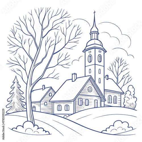 Winter landscape with church and houses