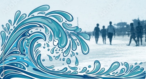Fototapeta Naklejka Na Ścianę i Meble -  Dynamic stylized blue water wave splashing illustration with blurred people in background