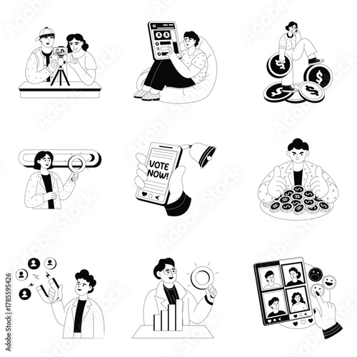 Digital communication and virtual connection concept featuring people chatting, video calling, and networking on mobile devices — outline illustration Set 2