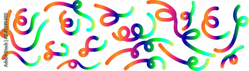 Vibrant Abstract Wavy Gradient Lines and Scribbles Set. Retro 80s or 90s Style Dynamic Swirls and Curly Elements