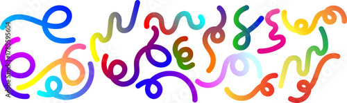 Vibrant Abstract Wavy Gradient Lines and Scribbles Set. Retro 80s or 90s Style Dynamic Swirls and Curly Elements