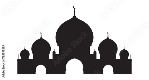  Striking black silhouette of a grand mosque with multiple domes and minarets silhouette