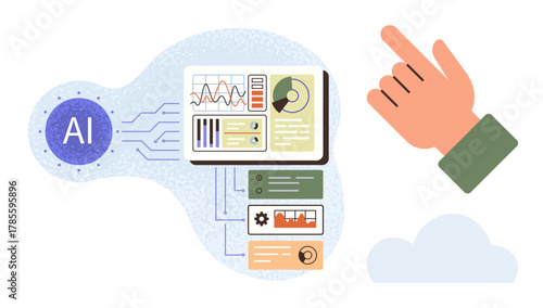 AI technology processing data with charts, graphs, and modules while a human hand points. Ideal for innovation, collaboration, artificial intelligence, automation, data analysis, tech education