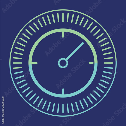 Circular gauge with a needle and segmented markings against a dark blue background dial meter