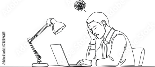 Stressed office worker at desk, holding head, laptop frustration, mental fatigue concept, line art illustration, burnout, workplace pressure