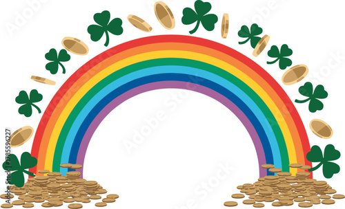 A Vibrant Rainbow Arching Over a Pot of Gold Coins Surrounded by Lucky Shamrocks and Falling Gold