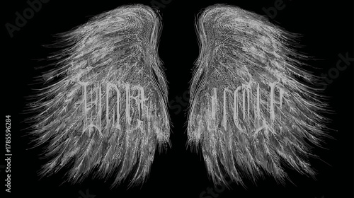 White feathered angel wings with intricate detail on black background. Fantasy gothic design element, spiritual art, magical concept.