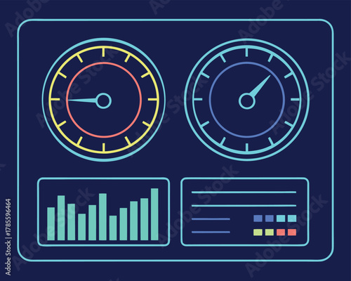 Digital dashboard with two gauges and data charts on dark blue background meter dial