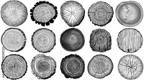 Collection of hand-drawn wood slices set. Assorted vintage engraved tree rings with bark texture. Rustic log cross-sections.