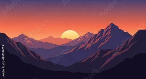 A serene minimalist vector art landscape capturing the beauty of a mountain sunset or sunrise