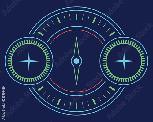 Stylized compass with two directional indicators and surrounding markings on dark blue navigation orientation