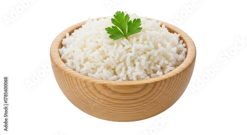 Fluffy White Rice In Wooden Bowl With Fresh Parsley Garnish