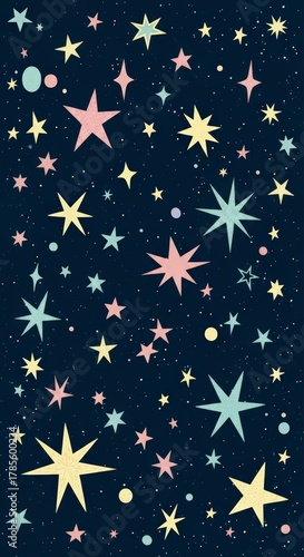 A delightful pattern of whimsical pastel colored stars and small dots scattered across a deep blue