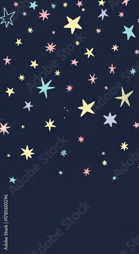 Charming pastel hand-drawn stars on a dark night sky background, perfect for whimsical designs and