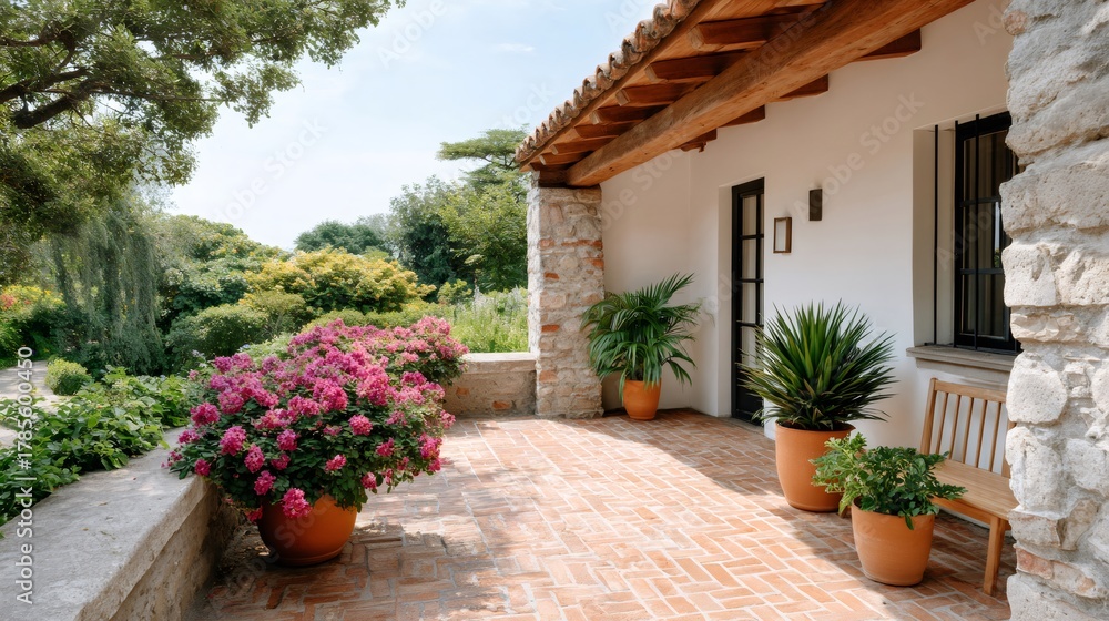 Fototapeta premium Peaceful Mediterranean villa patio with lush garden view