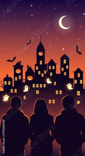Spooky Halloween night with silhouetted figures observing a haunted town under a crescent moon and