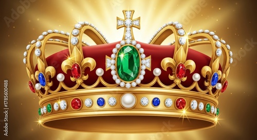 Majestic golden crown with sparkling jewels and vibrant gems symbolizing royalty and power