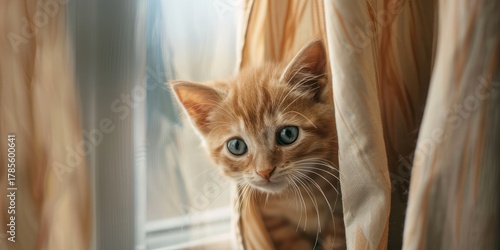 A ginger kitten with blue eyes peeking out from behind a curtain, looking curiously at the camera.