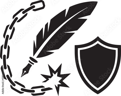 Freedom Of Speech Symbol Quill Pen Shield Broken Chains And Burst Iconography